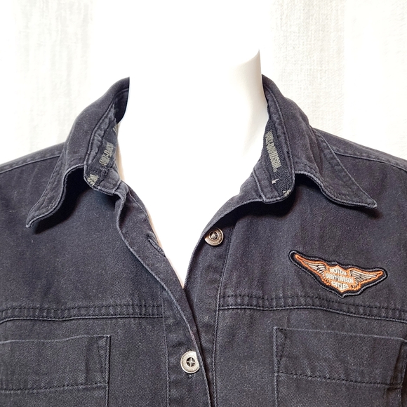 Harley Davidson Embroidered Flame Eagle Black Denim Button Down Shirt Small Y2K - Picture 7 of 13